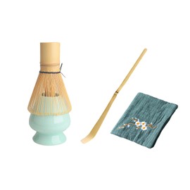 Tea Whisk Set, 100 Bonpons Chasen, Chasen Stand, Kusedai, Chasaku, Tea Utensil Set, Matcha Whisk Set, Matcha Tea Whisk Set, Green Tea Towel (Green)