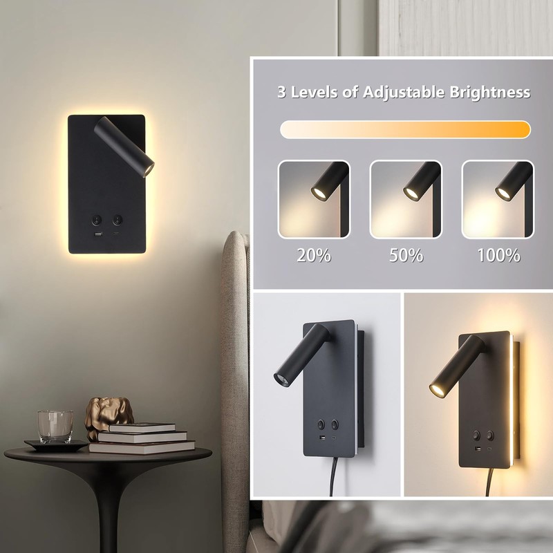 LED Reading Light Wall Mounted Lamp with 3 Brightness Dimmable