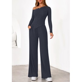 PRETTYGARDEN Fall Two Piece Sets For Women 2025 Off Shoulder Tops Long Pants Knit Matching Lounge Set Airport Travel Outfits(Navy,Large)