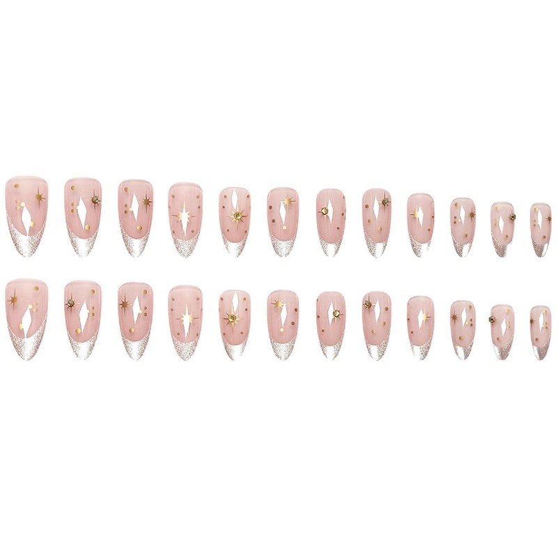 Medium Almond Press On Nails Glitter French Tip Fake Nails