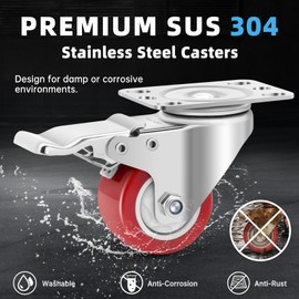 W B D WEIBIDA 2 Inch Stainless Steel Caster Wheels with Brake,Rust-Proof 304 Casters Set of 4,Anti-Corrosion Industrial Castor for Furniture,Labs,Hospitals,Restaurants, Toolbox