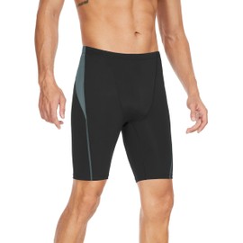 Fiteng Men's Swim Jammers Competitive Athletic Swim Team Suit Training Endurance Racing Quick Dry Swimming Shorts UPF 50 Black/Grey