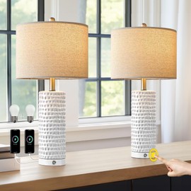 PORTRES 24" Farmhouse 3-Way Dimmable Touch Ceramic Table Lamp Set of 2 for Bedroom White Bedside Lamps with USB A+C Charging Ports for Living Room Nightstand Lamp End Table Lamps