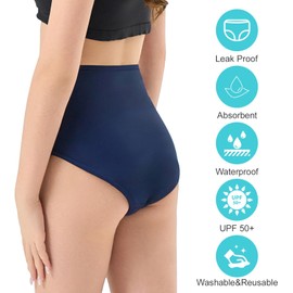 ToVii Leak Proof Period Swimwear Bikini Bottoms for Teen Girls & Women - High Waisted Navy Blue Period Bathing Suit, Comfortable & Absorbent Navy Blue S