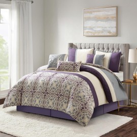 Stratford Park Purple California King Comforter Set, Microfiber Print Bedding, Geometric,Patchwork 7 Pieces Bed Set, Comforters, Pillow Shams Bedskirt