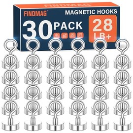 FINDMAG Magnetic Hooks, N52 Grade Magnets Heavy Duty with Hook, Sheep Eye Magnetic Hooks for Cruise, Locker Accessories, Office, School (28 lbs, Pack of 30)