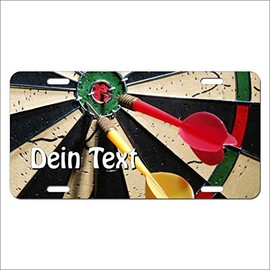 Dart Sign License Plate Type USA with Desired Text and Your Name, Aluminium Door Sign with German Text US Car Number Plate with Yellow Arrow