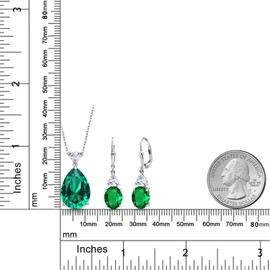 Gem Stone King 925 Sterling Silver Green Nano Emerald and White Moissanite Pendant Earrings Jewelry Set For Women (14.66 Cttw, Pear Shape 18X13MM, with 18 Inch Chain)