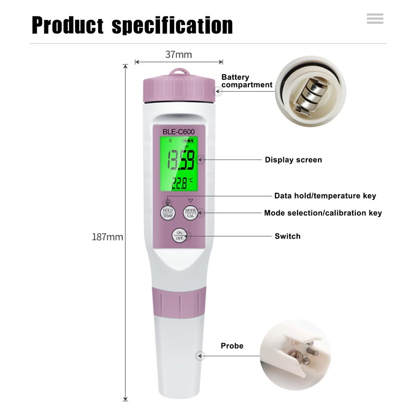 Areyourshop 7 in 1 PH Meter Blue Tooth, EC Conductivity