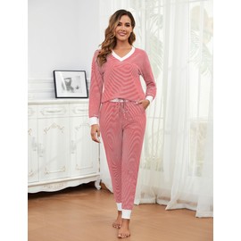 Namatime Cotton Women Pajama Sets Soft 2 Piece Lounge Set Stripe Long Sleeve Pants Pj Set Loungewear Sleep Sleepwear with Pockets Red Large