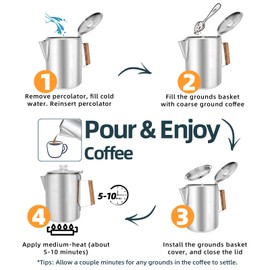 MEREZA Camping Percolator Coffee Pot 12 Cup Stove Top Coffee Percolator Non Electric Coffee Maker Camping Stainless Steel Coffee Pot Outdoors Home No Aluminum & Plastic Fast Brew
