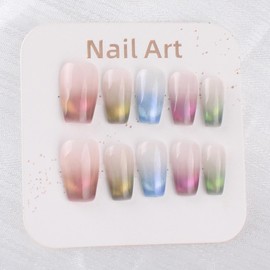 Handmade Nail Tips, Multicolor Nails, Fashion, Gradient Color, Cat Eye, Popular, Nuance Design, Stylish, Cute, Storage Box Included, 10 Pieces, Short Ladders, Glossy False Nails, XS