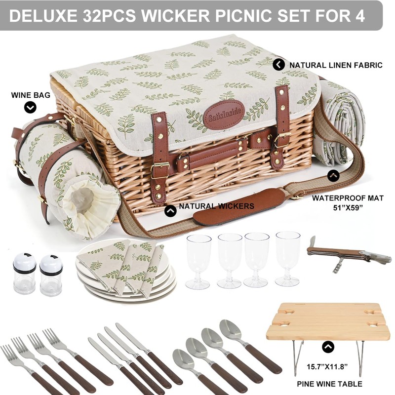 Multifunctional Wicker Picnic Basket Set for 4 with Blanket and