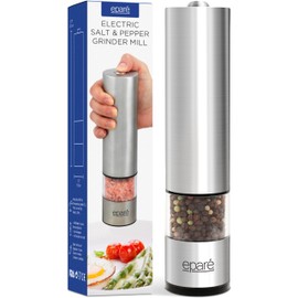 Eparé Salt or Pepper Grinder Mill Electric – Battery Operated Stainless Steel Mill with LED Light, Adjustable Ceramic Core, and One-Hand Push Button for Effortless Seasoning and Cooking
