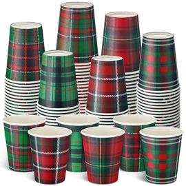 90 Pcs Christmas Paper Cups 9 oz Disposable Christmas Red Green Plaid Coffee Cups Winter Party Supplies for Hot Cold Beverage Chocolate Tea Cocoa Holiday Xmas Table Decoration