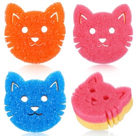 FillTouch 3 Pcs Dual Sided Scrub Sponge Multi Functional Sponge Scrubber Cute Temperature Sensitive Cleaning Sponges Non Scratch Dish Sponge for Washing Dishes Bathroom Kitchen (Cat)