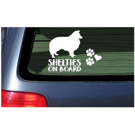 Shelties On Board - White Window Sticker Decal Shetland Sheepdog Dog Puppy Prints Paws and Heart