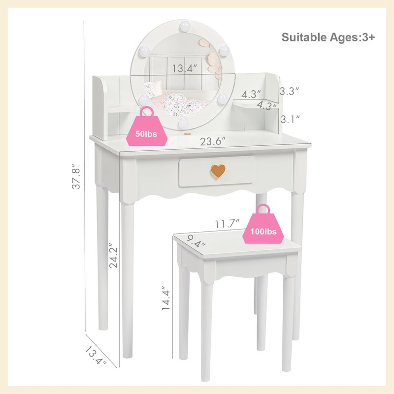 UTEX Kids Vanity, Girls Vanity Set with Mirror and Stool