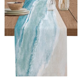 Seven Roses Summer Beach Table Runner 120 Inches Long Farmhouse Dress Scarves, Ocean Nautical Coastal Seaside Auqa Beige Dining Tablerunner for Coffee Table/Kitchen Island/Party Décor, 13" x 120"