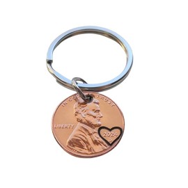 2024 US One Cent Penny Keychain with Heart Around Year; Anniversary Couples Keychain