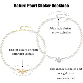 YURESEN Saturn Pearl Necklace White Pearl Bead Choker for Women Teen Girls, Crystal Rhinestone Constellation Planet Necklace for Girlfriend Confessions Weddings (Silver1)
