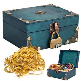 RAKUTE Wooden Treasure Chest Vintage Wooden Treasure Chest Children with Lock, 18 x 11.5 x 10.5 cm Wooden Chest Pirate Box for Storage and Decorating Gifts