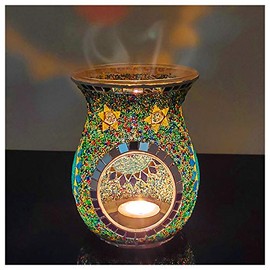 SHMILMH Essential Oil Burner Mosaic Glass, Fragrance Oil Warmer, Tealight Candle Holder Burners, Incense Aroma Diffuser for Home Table Decoration, Blue, Green, 5.5" H