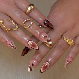 Brown Press on Nails Almond Fake Nails, LPOODDNU French Tip Press on Nails Medium Length False Nails with Coffee Bean Designs Glossy Full Cover Glue on Nails Artificial Nails for Women Manicure