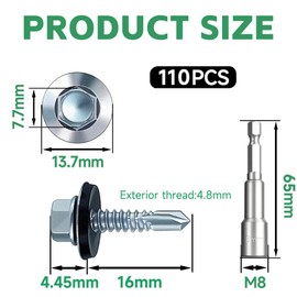 4.8x16 mm Self-Drilling Roofing Screws, 110 pcs Hex Head Self Tapping Screws, Hex Head Self-Drilling Roof Screws with Rubber Sealing Washer. with Hex Socket, Zinc Plat.