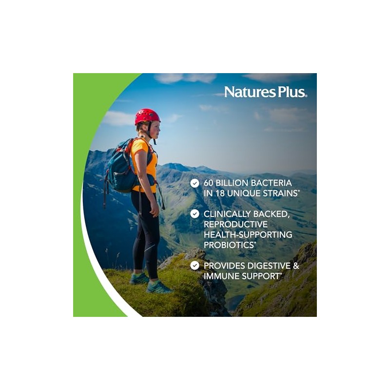NaturesPlus GI Cápsulas probióticas naturales, para mujer, 30 cápsulas, 18