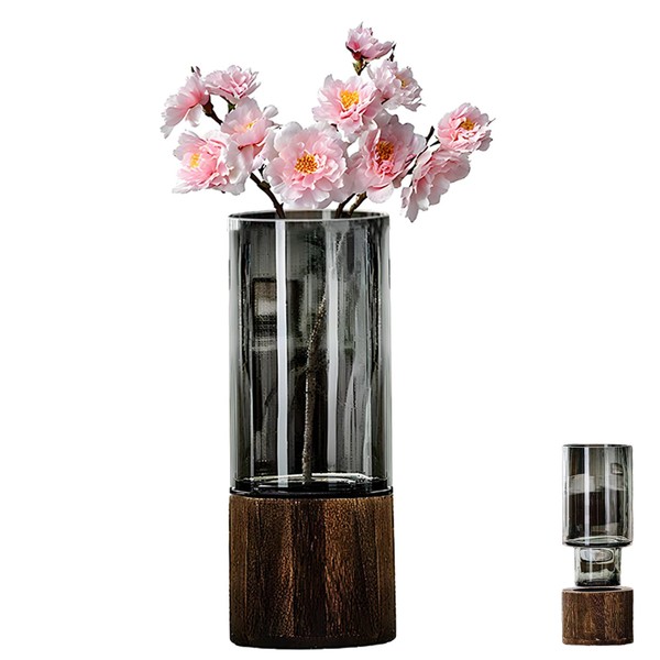 10" Tall Wood Glass Vase, Wooden Base Cylindrical Flower Vase,