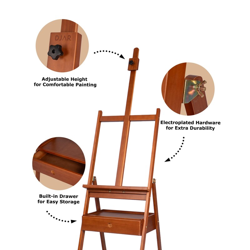 DJAR Medium Wooden H-Frame Art Easel with Storage Drawer, Walnut
