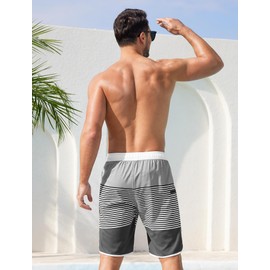 SILKWORLD Mens Swim Trunks Quick Dry Bathing Suit Long Swimming Shorts with Zipper Pockets, Grey White Stripes, Medium