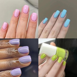 96Pcs Light Colour Press on Nails Short Square Fake Nails Acrylic Nails Extra Short False Nails Glossy Solid Color Full Cover Glue on Nails Four Color Combination Gel Stick on Nails for Women Girls