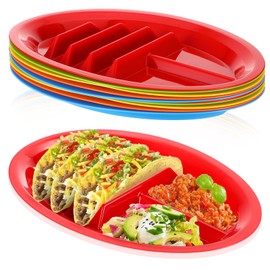 10 Pack Plastic Taco Plates with Dividers, 12.8 x 8.66 Inch Taco Holder Plate for Parties - BPA Free Plastic Serving Trays for Tacos Tuesday, Microwave & Dishwasher Safe (5 Vibrant Colors)