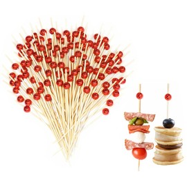 100/200 Pcs Cocktail Picks – 4.7" Bamboo Appetizer Skewers for Charcuterie Boards, Drinks & Party Food – Sturdy Fruit, Olive & Sandwich Picks – Gold/Red Ball Top