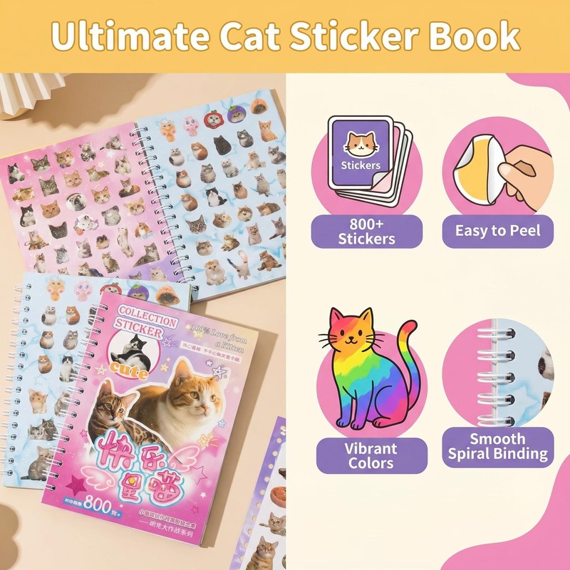 XinTX Cat Sticker Book, 800+ Die Cut Cute Cat Stickers,