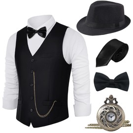 BABEYOND 1920s Mens Gatsby Gangster Vest Costume Accessories Set Fedora Hat