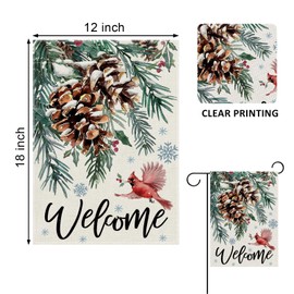 Covido Welcome Winter Pine Cone Decorative Garden Flag, Christmas Pine Needle Branches Cardinal Red Bird Yard Outside Decorations, Seasonal Burlap Outdoor Small Home Decor Double Sided 12 x 18