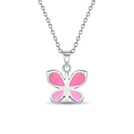 925 Sterling Silver 16" Lovely Pink Enamel Butterfly Charm Pendant Necklace for Young Girls - Fashionable Butterfly Nature Theme Necklaces for Girls - Beautiful Children's Jewelry for Daily Accessory
