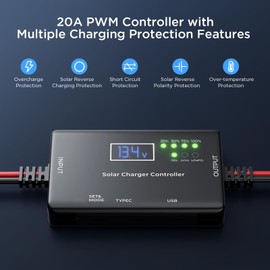ZOUPW 20A PWM Solar Charge Controller,12V Solar Panel Regulator with Adjustable LCD Display Dual USB for Flooded Sealed AGM Gel and Lithium LiFePO₄ Batteries
