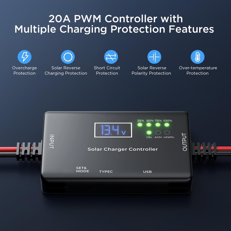 ZOUPW 20A PWM Solar Charge Controller,12V Solar Panel Regulator with