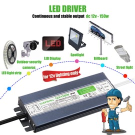 LED Driver 150 Watts Waterproof IP67 AC 110-260V to 12V 12.5A Low Voltage Transformer Outdoor Ultra Thin Power Supply Adapter for LED Strip,Landscape Lighting Project, and Any 12V LED Lights