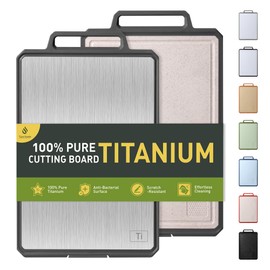 Titanium Cutting Boards for Kitchen Non Toxic Chopping Board with Handle Large Big Small Kitchen Meat Butcher Block 2 in 1 Pure Titanium and Wheat Straw PP Not Wood Bamboo Plastic Teak Grey/Beige