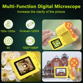 Digital Microscope 1200X USB With 6 Adjustable LED Lights, 2'' LCD Screen for Kids and Adults, 32GB SD Card, Photo and Video Mini (Yellow)