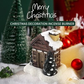 Namolit Log Cabin Incense Burner Resin Christmas Snowy Winter Incense Cone Burner with Xmas Tree Holiday Tabletop Chimney Decorations for Home Kitchen Office Aromatherapy Ornament with 2 Incense Cones