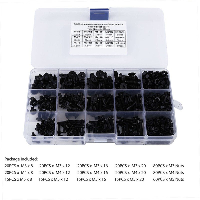 440 Pieces Screws Set M3 M4 M5 Steel Flat Head
