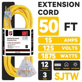 EP 50 Ft 12 Gauge Heavy Duty Extension Cord, 15A 125V 1875W, 3 Outlet Indoor/Outdoor Power Cord with Lighted End, 12/3 SJTW Weatherproof Yellow, UL Listed