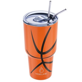 Yoelike Basketball Tumbler 30 oz Stainless Steel Double Wall Vacuum Insulated Cup with Straws, Splash Proof Lids, Straw Clean Brush, Tips for Fan Coaches Mom Men Sports Travel, Keep Drink Cold and Hot
