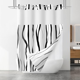 SSCRCUSLY 71x84 Inches, No Hook Shower Curtain with Snap in Liner Set, White Hotel Style with Black Striped Design